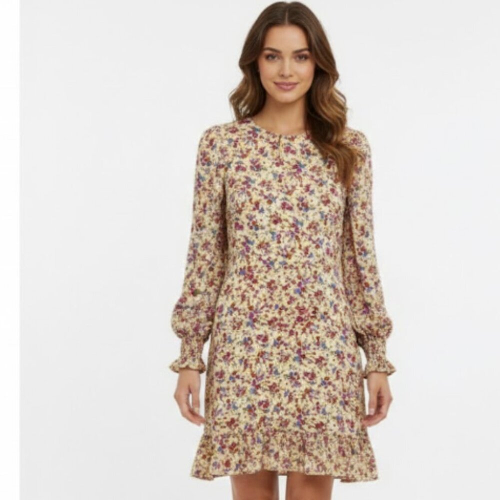 New Look size 8 Floral Multi Color Feminine Ruffle Hem Shirred Cuff Mini Dress